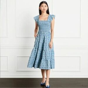Hill House The Ellie Nap Dress Midi in Blue Trailing Vine Crepe in Small